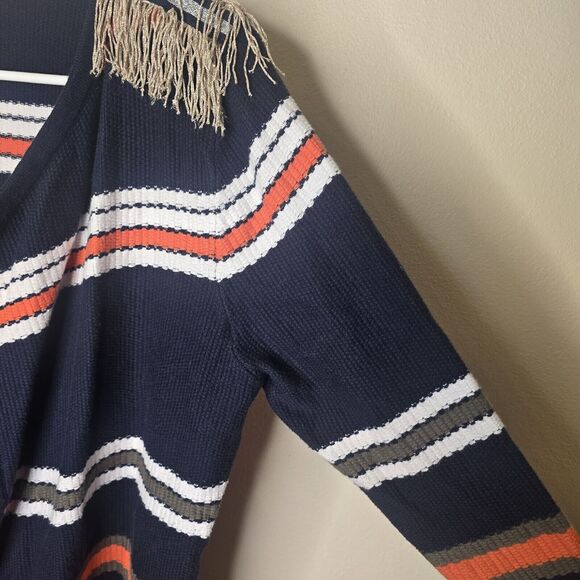 Vilagallo Navy Blue Multicolor Stripe Open Front Cardigan Fringe Shoulder S/M - Picture 6 of 16
